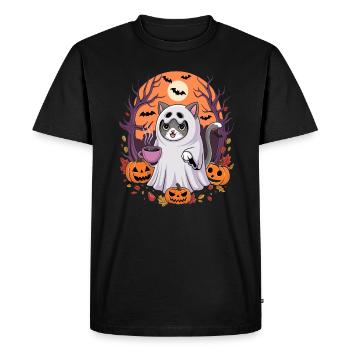 Chat d'Halloween en costume fantôme avec des citrouilles - T-shirt Premium bio Homme - noir - Devant - Nico (187cm)