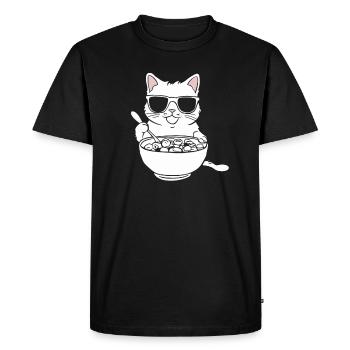 Chat avec des lunettes de soleil mangeant des céréales - T-shirt Premium bio Homme - noir - Devant - Nico (187cm)