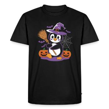 Penguin Halloween Witch with Pumpkins and Broom - Men's Premium Organic T-Shirt - black - Front - Nico (187cm)