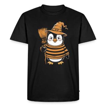 Cute Penguin Halloween Witch with Broom - Men's Premium Organic T-Shirt - black - Front - Nico (187cm)