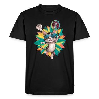 Cat with sunglasses playing badminton - Men's Premium Organic T-Shirt - black - Front - Nico (187cm)