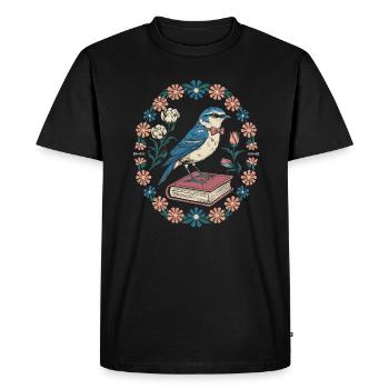 Cottagecore Bird on Book with Floral Wreath - Men's Premium Organic T-Shirt - black - Front - Nico (187cm)