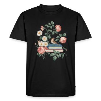 Cottagecore Romance: Books, Flowers and Birds - Men's Premium Organic T-Shirt - black - Front - Nico (187cm)