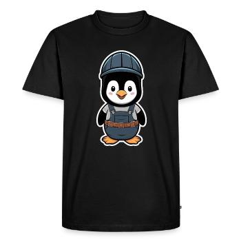 Pingouin avec casque d’ouvrier du bâtiment et salopette - T-shirt Premium bio Homme - noir - Devant - Nico (187cm)