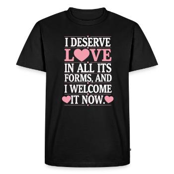 Manifest Abundance Quote: I deserve love in - Men's Premium Organic T-Shirt - black - Front - Nico (187cm)
