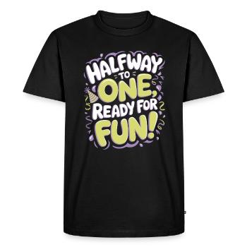Anniversaire semestriel : En route vers un, - T-shirt Premium bio Homme - noir - Devant - Nico (187cm)