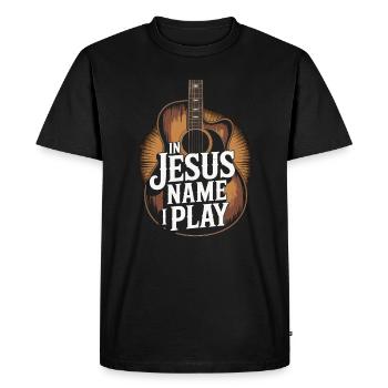 Au nom de Jésus, je joue de la guitare - T-shirt Premium bio Homme - noir - Devant - Nico (187cm)