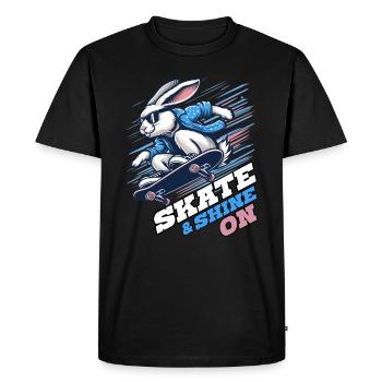 SKATE & SHINE ON, UN LAPIN SUR UN SKATEBOARD - T-shirt Premium bio Homme - noir - Devant - Nico (187cm)
