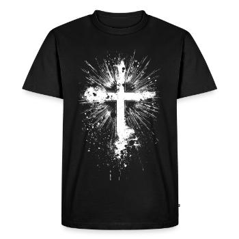 Croix blanche éclaboussée de peinture - T-shirt Premium bio Homme - noir - Devant - Nico (187cm)
