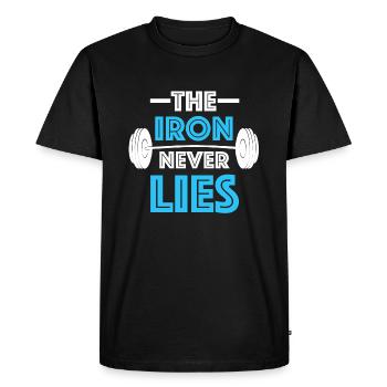 Le fer ne repose jamais | Fitness, Haltères, Salle de gym - T-shirt Premium bio Homme - noir - Devant - Nico (187cm)