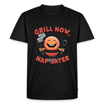 Grill Now, Nap Later - BBQ Spaß - Männer Premium Bio T-Shirt - Schwarz - Vorne - Nico (187cm)