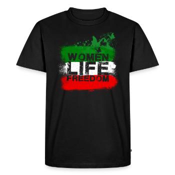 Femme Vie Liberté, Papillons,Iran,Drapeau - T-shirt Premium bio Homme - noir - Devant - Nico (187cm)