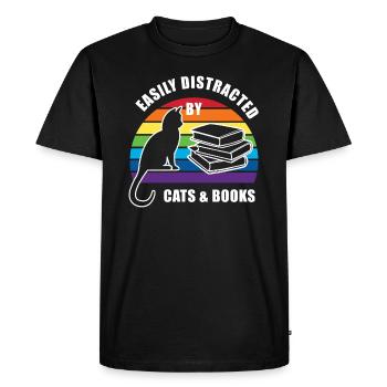 Easily distracted by cats and books - retro sunset - T-shirt Premium bio Homme - noir - Devant - Nico (187cm)