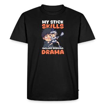 Maman de crosse Mes compétences au bâton incluent l’esquive du drame - T-shirt Premium bio Homme - noir - Devant - Nico (187cm)