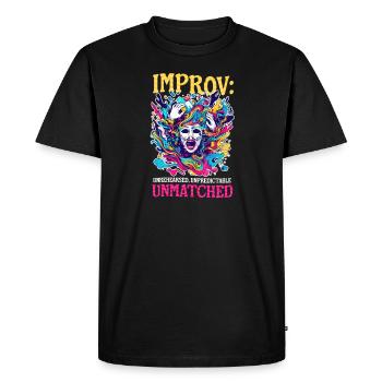 Théâtre d’improvisation Non répété, imprévisible, inégalable - T-shirt Premium bio Homme - noir - Devant - Nico (187cm)