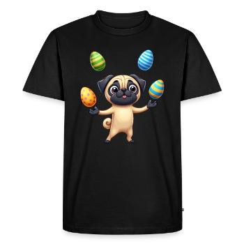 Pug de Pâques jonglant avec les œufs, artiste de chien - T-shirt Premium bio Homme - noir - Devant - Nico (187cm)