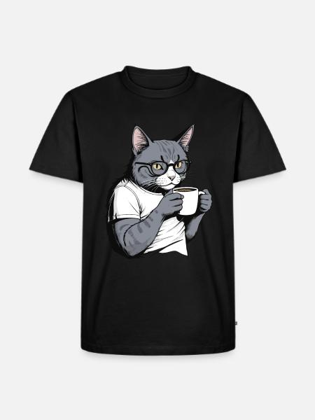 Coffee-drinking cat - Men's Premium Organic T-Shirt - black