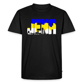 Jena Lettering Blue Yellow White with Skyline - Men's Premium Organic T-Shirt - black - Front - Nico (187cm)