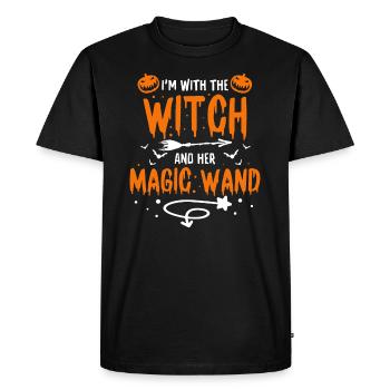 Halloween Je suis avec la sorcière et sa baguette magique - T-shirt Premium bio Homme - noir - Devant - Nico (187cm)
