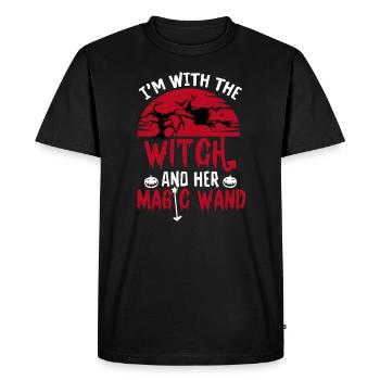 Halloween Je suis avec la sorcière et sa baguette magique - T-shirt Premium bio Homme - noir - Devant - Nico (187cm)