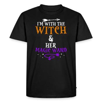 Halloween Je suis avec la sorcière et sa baguette magique - T-shirt Premium bio Homme - noir - Devant - Nico (187cm)