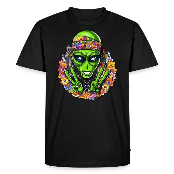 Funny Hippie Alien Psychedelic Peace Sign - Men's Premium Organic T-Shirt - black - Front - Nico (187cm)