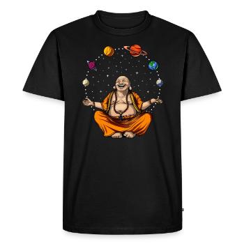 Bouddha jonglant avec les planètes spatiales - T-shirt Premium bio Homme - noir - Devant - Nico (187cm)