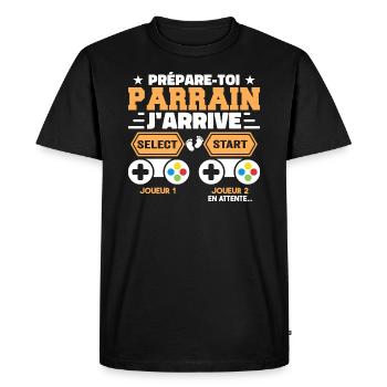 Prépare Toi Parrain J'arrive - Annonce Grossesse - T-shirt Premium bio Homme - noir - Devant - Nico (187cm)