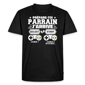 Prépare Toi Parrain J'arrive - Annonce Grossesse - T-shirt Premium bio Homme - noir - Devant - Nico (187cm)