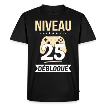 Anniversaire 25 ans - Niveau 25 débloqué - Gamer - T-shirt Premium bio Homme - noir - Devant - Nico (187cm)