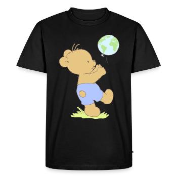 Bear boy playing with earth balloon. - Men's Premium Organic T-Shirt - black - Front - Nico (187cm)