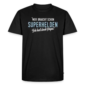 Wer braucht schon Superhelden - Männer Premium Bio T-Shirt - Schwarz - Vorne - Nico (187cm)