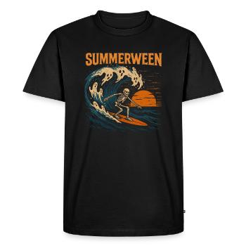 Summerween Surfing Skeleton - Halloween Design - Men's Premium Organic T-Shirt - black - Front - Nico (187cm)