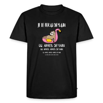 Je le ferai demain, ou après demain (typo blanche) - T-shirt Premium bio Homme - noir - Devant - Nico (187cm)