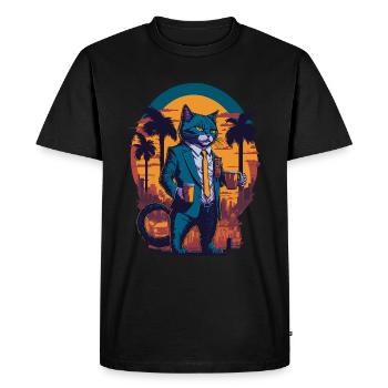 Illustration des années 80 d’un chat avec une tasse de café - T-shirt Premium bio Homme - noir - Devant - Nico (187cm)