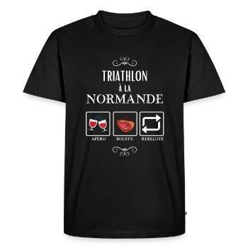 Triathlon à la normande, apéro bouffe rebelote - T-shirt Premium bio Homme - noir - Devant - Nico (187cm)