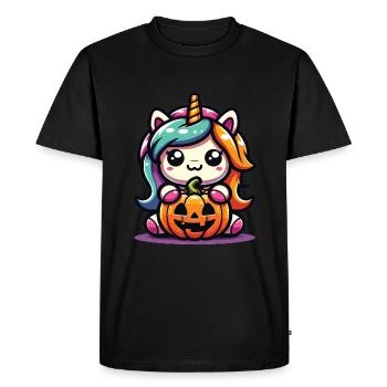 Halloween Licorne Citrouille d’Halloween - T-shirt Premium bio Homme - noir - Devant - Nico (187cm)