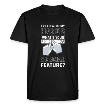 Je lis avec mes mains. Quelle est votre spécialité - T-shirt Premium bio Homme - noir - Devant - Nico (187cm)