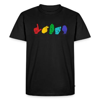 Conscience ASL LGBTQ. Langage de signalisation manuelle. - T-shirt Premium bio Homme - noir - Devant - Nico (187cm)