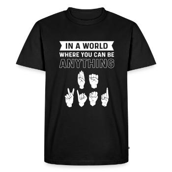 In a world where you can be anything, "be - Men's Premium Organic T-Shirt - black - Front - Nico (187cm)
