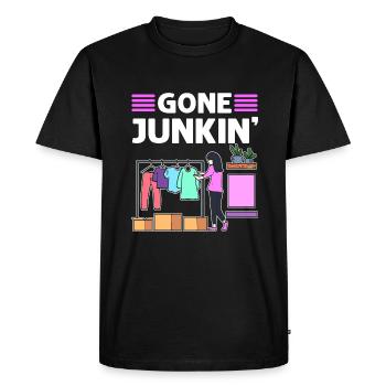 Disparu Junkin. Magasin de seconde main. Frugal - T-shirt Premium bio Homme - noir - Devant - Nico (187cm)