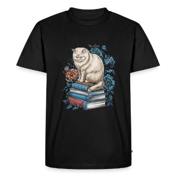 Cat Flower Book Reader Floralcottagecore - Men's Premium Organic T-Shirt - black - Front - Nico (187cm)