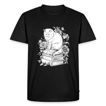 Chat Fleur Livre Lecteur Floral Cottagecore - T-shirt Premium bio Homme - noir - Devant - Nico (187cm)