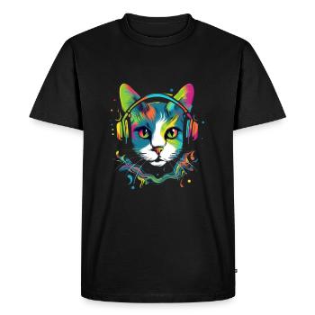 Katze mit Kopfhörern bunte Illustration - Männer Premium Bio T-Shirt - Schwarz - Vorne - Nico (187cm)