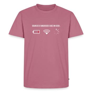 Les angoisses du geek : Batterie faible, wifi... - T-shirt Premium bio Homme - mauve - Devant - Nico (187cm)