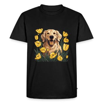 A Golden Retriever surrounded with Daffodils - Men's Premium Organic T-Shirt - black - Front - Nico (187cm)