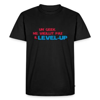 un_geek ne vieillit pas il Level up - T-shirt Premium bio Homme - noir - Devant - Nico (187cm)