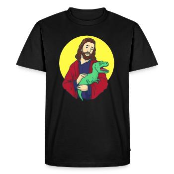 Jésus avec Dino dans ses bras - T-Rex et Christ - T-shirt Premium bio Homme - noir - Devant - Nico (187cm)
