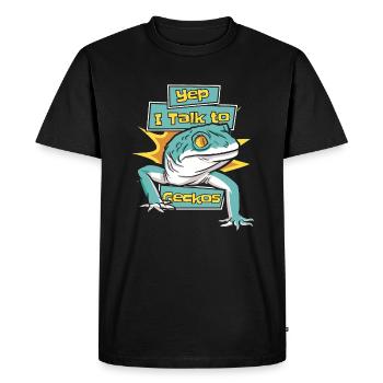 Je parle aux geckos lézard Gekkota léopard huppé - T-shirt Premium bio Homme - noir - Devant - Nico (187cm)