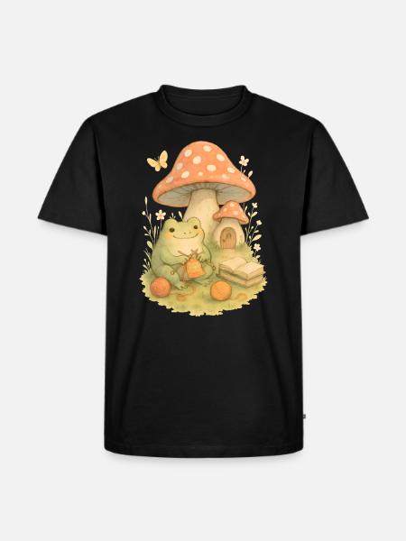 Knitting frog in front of toadstool house - Men's Premium Organic T-Shirt - black